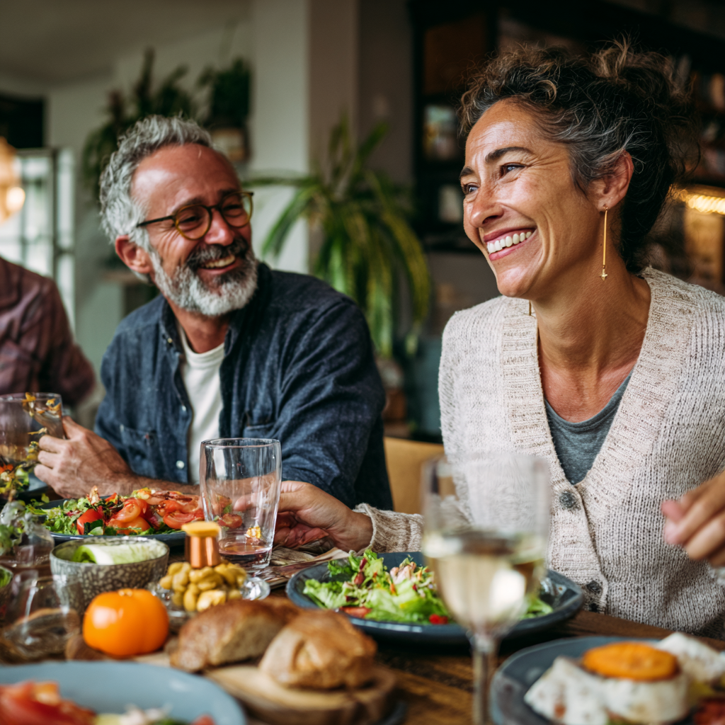 Happy Romanian family enjoying a healthy meal together at home, smiling while eating colorful nutritious food