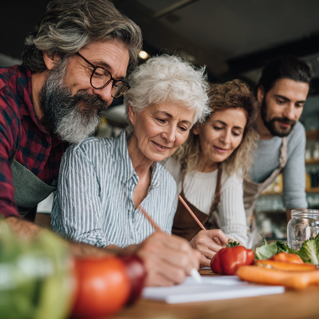Diverse group of Romanian adults of different ages exercising together outdoors, showing healthy lifestyle and fitness across generations